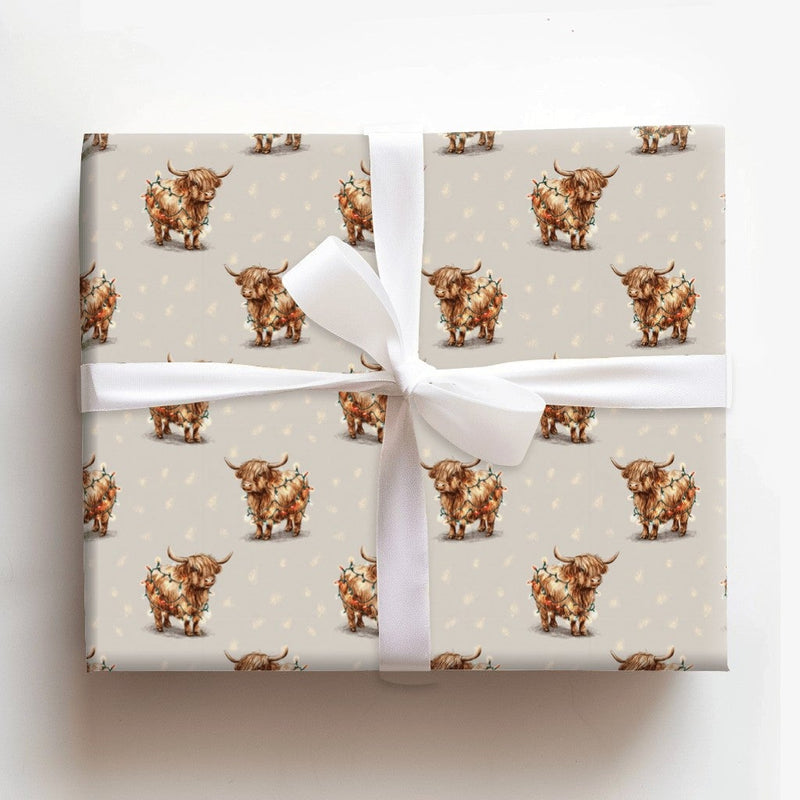 Festive Holiday Lights Gift Wrap, Highland Cow Christmas Wrapping Paper, Farmhouse Animal Wrapping Paper