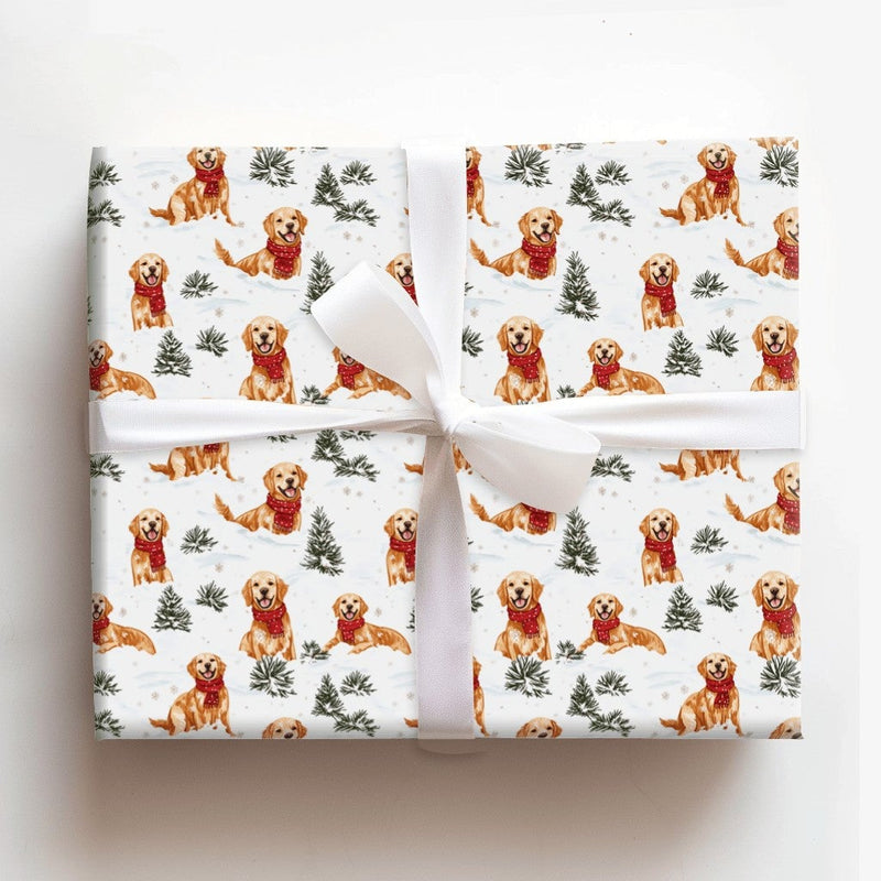 Winter Dog Gift Wrap Roll, Golden Retriever Christmas Wrapping Paper, Adorable Golden Puppy Holiday Wrapping Paper, Pet Lover Gift Wrap Roll