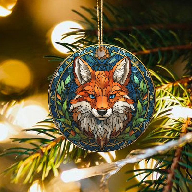 Woodland Animal Ceramic Ornament, Stained Glass Fox Christmas Ornament, Wildlife Lover Tree Ornament, Holiday Keepsake Present