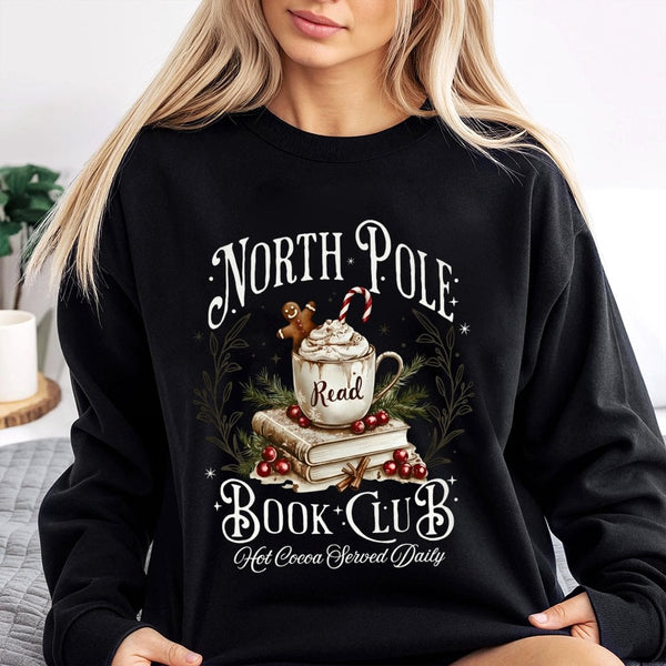 Christmas Book Lover Crewneck, North Pole Book Club Sweatshirt, Adorable Holiday Reader Graphic Pullover, Bookish Xmas Sweate