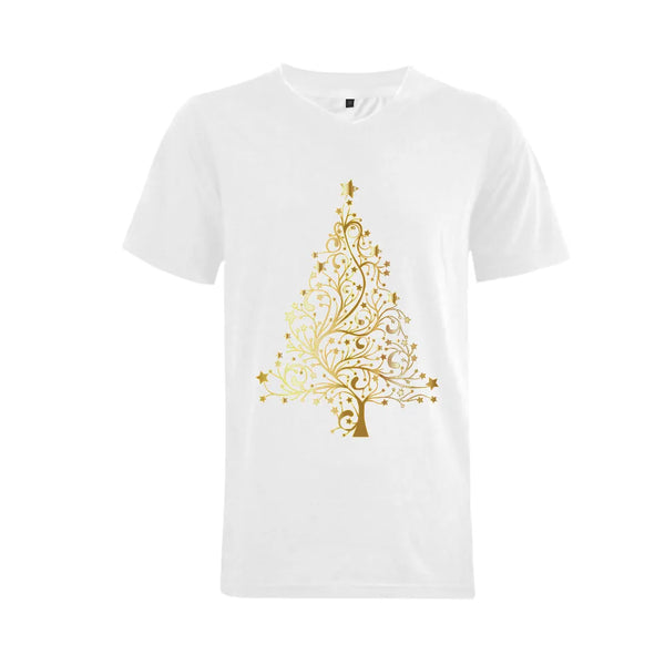 Mens Big Size Holiday V-Neck Tee, Golden Christmas Tree V-Neck T-Shirt, Festive Xmas Tree Shirt, Big and Tall Christmas V-Nec