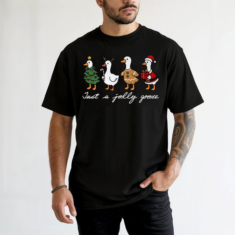 Humorous Christmas Goose Graphic Tee, Just A Jolly Goose T-Shirt, Adorable Holiday Duck Shirt, Vintage Animal Festive Winter Present Tee