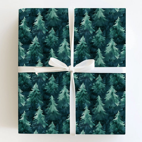 Dark Forest Woodland Gift Wrap, Watercolor Pine Tree Wrapping Paper, Christmas Tree Wrapping Paper, Rustic Winter Holiday Pre