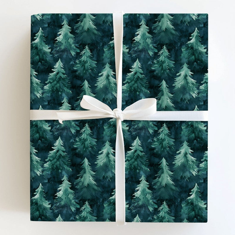 Dark Forest Woodland Gift Wrap, Watercolor Pine Tree Wrapping Paper, Christmas Tree Wrapping Paper, Rustic Winter Holiday Present Paper