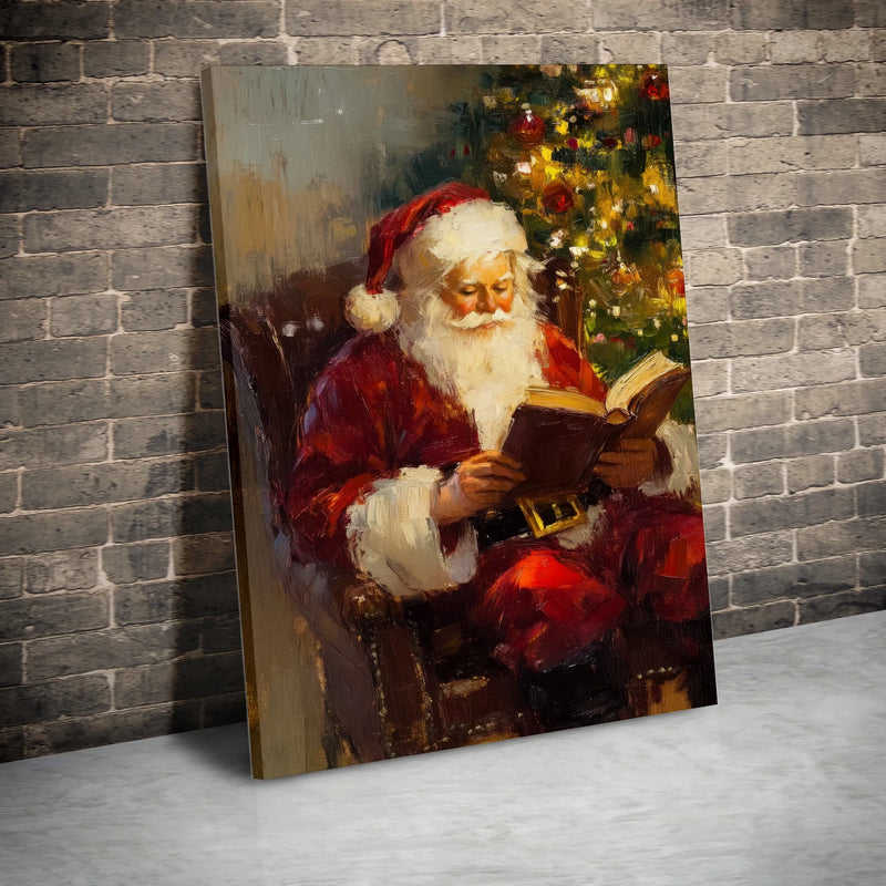 Vintage Oil Painting Reading by Christmas Tree Print, Santa Claus Canvas Wall Art, Festive Holiday Wall Decor, Nostalgic Xmas Canvas Present