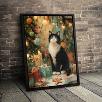 Holiday Tree Oil Painting Canvas Art, Tuxedo Cat Christmas Canvas Print, Festive Winter Cat Canvas Wall Art, Comfy Xmas Pet Lover Decor