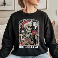 Humorous Skeleton Christmas Coffee Crewneck, Dead Inside but Jolly AF Sweatshirt, Sarcastic Holiday Pullover, Spooky Season Xmas Sweater