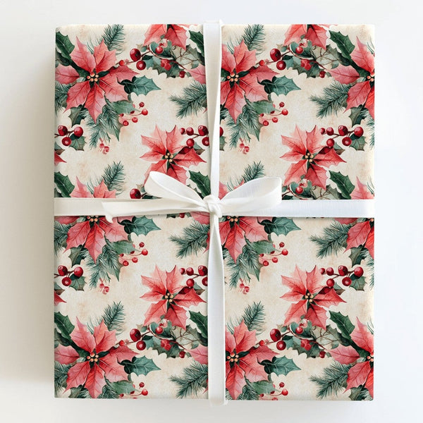 Watercolor Holly Gift Wrap, Vintage Poinsettia Wrapping Paper, Botanical Winter Floral Present Paper, Christmas Gift Wrapping