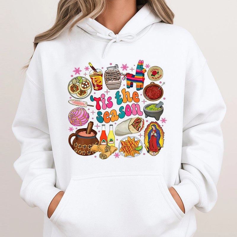 Tis the Season Food Graphic Hoodie, Mexican Christmas Hoodie, Hispanic Culture Christmas Sweatshirt, Latino Holiday Pullover Hoodie