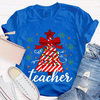 Bow Christmas Tree Colorful Lights Graphic Tee, Teacher Christmas T-Shirt, Festive Holiday Educator Shirt, Xmas Present