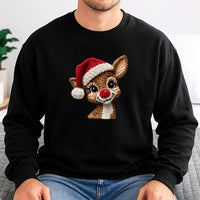 Faux Yarn Knit Holiday Sweater, Reindeer Christmas Sweatshirt, Adorable Reindeer Graphic Crewneck, Comfy Winter Pullover, Xmas Present for Men Women