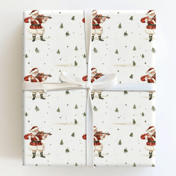 Vintage Santa Christmas Wrapping Paper, Violin Santa Wrapping Paper, Musical Holiday Gift Wrap, Snowy Forest Present Wrapping
