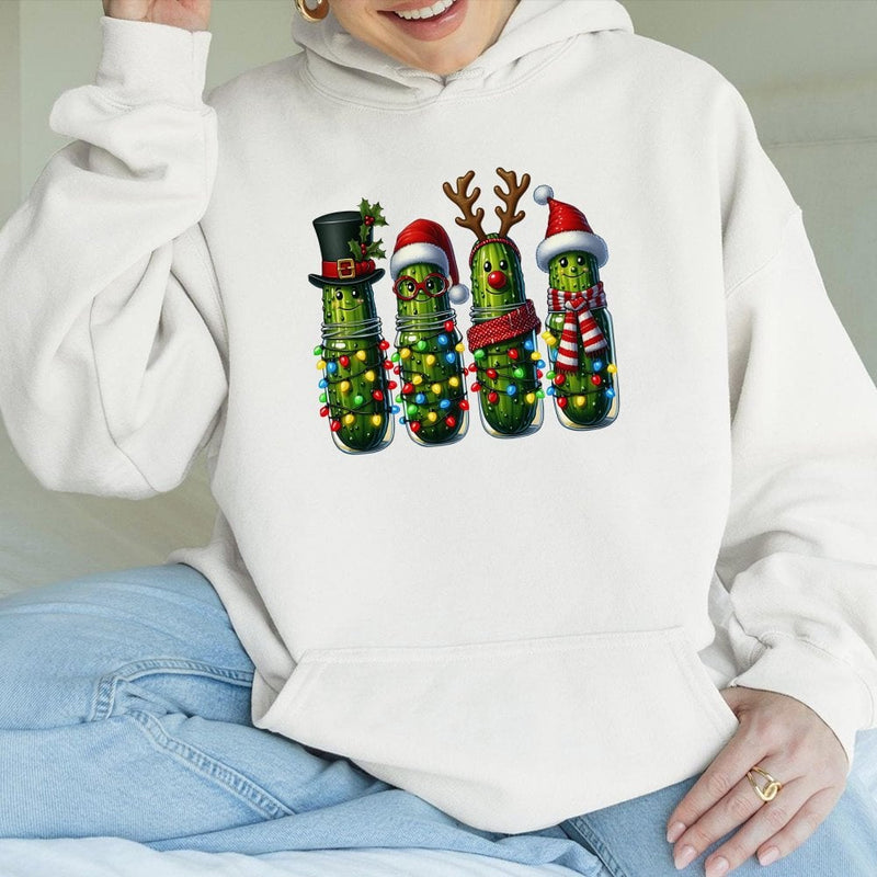 Adorable Dill Pickle Hoodie, Humorous Christmas Pickle Hoodie, Festive Character Xmas Hoodie, Holiday Food Humor Sweatshirt, Pickle Lover Present