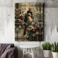 Whimsical Snowy Holly Branch Painting, Winter Cardinal Bird Canvas Wall Art, Comfy Christmas Bird Print, Digital Download Printable Decor