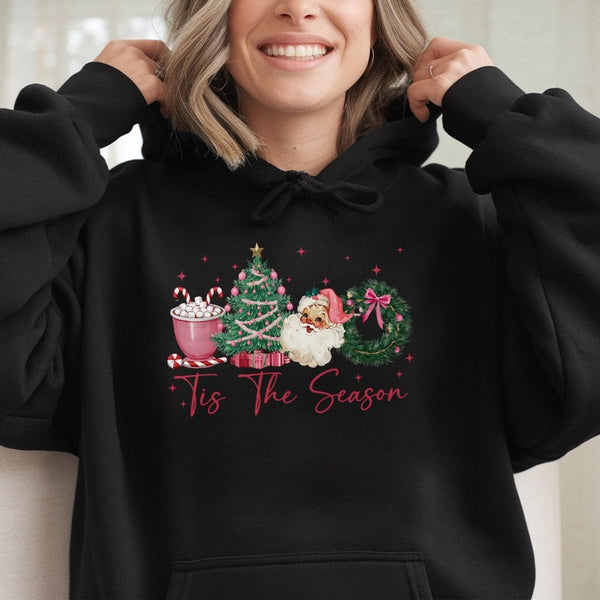 Retro Coquette Santa Hoodie, Tis the Season Christmas Hoodie, Adorable Aesthetic Santa Pullover Hoodie, Winter Holiday Hooded