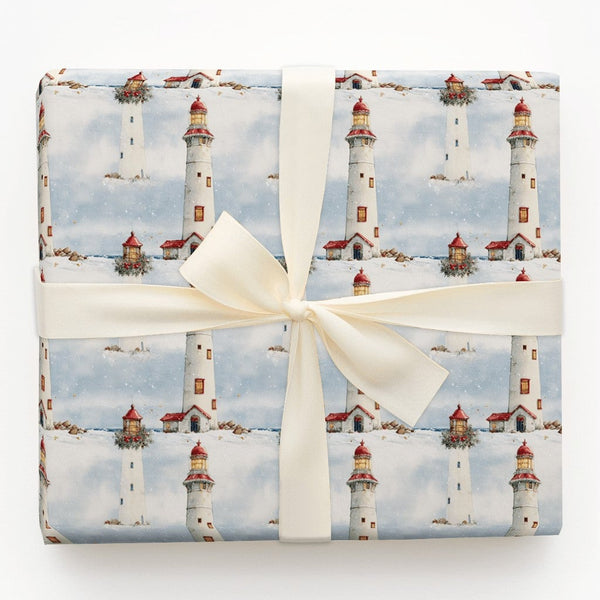 Coastal Nautical Holiday Gift Wrap, Snowy Lighthouse Christmas Wrapping Paper, Winter Wreath Wrapping Paper, Festive Wrapping