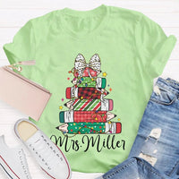 Colorful Crayons Bows Holiday Shirt, Personalized Christmas T-Shirt, Custom Name Kids Xmas Graphic Tee, Festive School Party Shirt