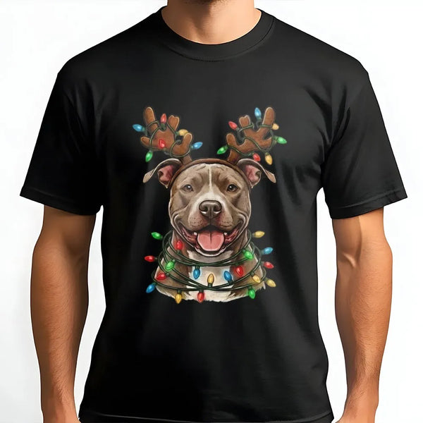 Reindeer Antlers Holiday Lights Shirt, Pitbull Christmas T-Shirt, Adorable Xmas Dog Graphic Tee, Festive Pup Apparel, Present