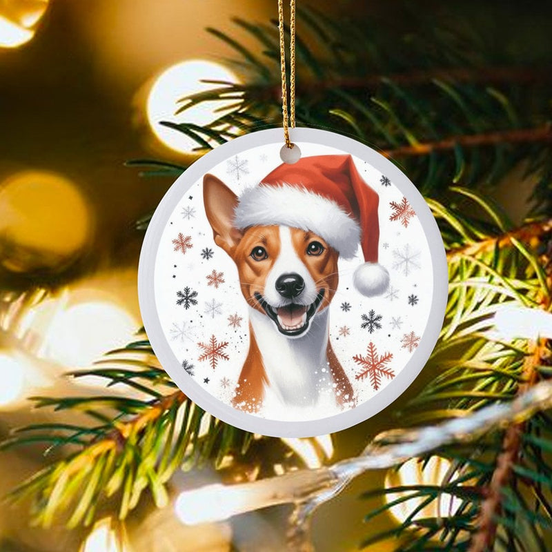Santa Hat Snowflakes Tree Ornament, Basenji Dog Christmas Ornament, Ceramic Dog Breed Holiday Ornament, Festive Pet Keepsake, Dog Lover Present