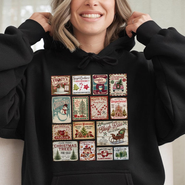 Retro Holiday Stamp Collage Hoodie, Vintage Christmas Stamp Hoodie, Festive Winter Graphic Hooded Sweatshirt, Comfy Christmas