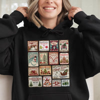 Retro Holiday Stamp Collage Hoodie, Vintage Christmas Stamp Hoodie, Festive Winter Graphic Hooded Sweatshirt, Comfy Christmas Present Hoodie