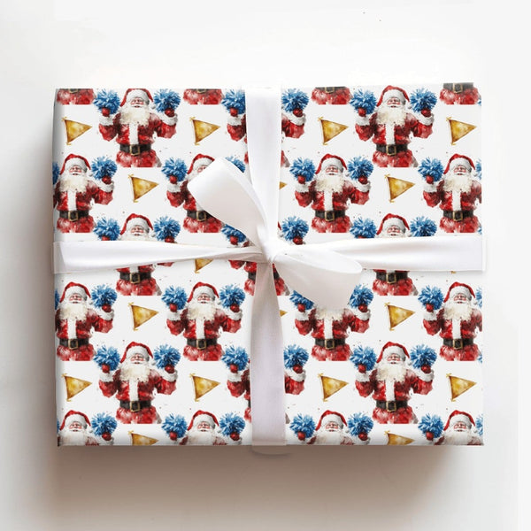 Watercolor Cheer Santa Gift Wrap, Cheerleader Santa Wrapping Paper, Blue Pom Pom Santa Christmas Paper, Adorable Whimsical Ho