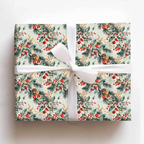 Watercolor Pine Branch Gift Wrap, Vintage Holly Berry Christmas Wrapping Paper, Winter Botanical Wrapping Paper, Festive Flor