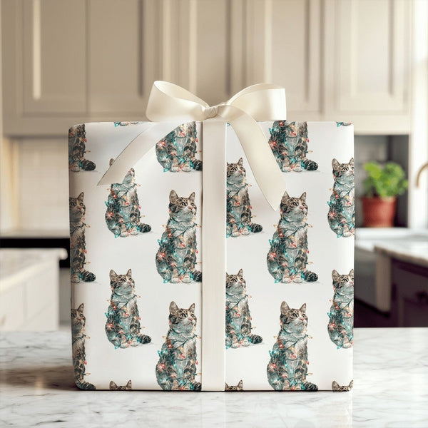 Tabby Kitten Holiday Lights Gift Wrap, Humorous Cat Christmas Wrapping Paper, Adorable Pet Lover Wrapping Paper, Festive Chri