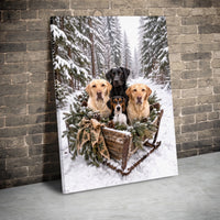 Labrador Beagle Winter Sled Wall Art, Dogs in Christmas Sleigh Canvas, Snowy Forest Dog Canvas Print, Rustic Holiday Dog Wall Decor