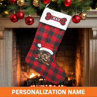 Red Buffalo Plaid Dog Stocking, Personalized Yorkie Christmas Stocking, Custom Pet Holiday Stocking, Velboa Mantel Decor, Dog Lover Present