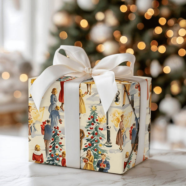 Retro Holiday Street Scene Gift Wrap, Vintage 1950s Christmas Wrapping Paper, Snowy Winter Town Wrapping Paper, Nostalgic Xma
