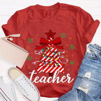 Bow Christmas Tree Colorful Lights Graphic Tee, Teacher Christmas T-Shirt, Festive Holiday Educator Shirt, Xmas Present