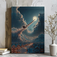 Christmas Wall Art Canvas, Santa Sleigh Flying Over Snow Village Canvas, Holiday Winter Scene Canvas Print