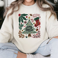 Retro Botanical Floral Tree Crewneck, Merry Christmas Floral Sweatshirt, Vintage Floral Holiday Pullover, Festive Winter Graphic Sweater