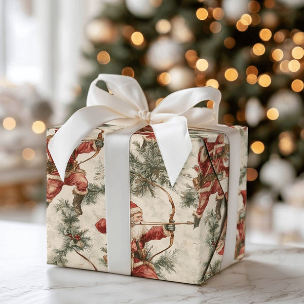 Bow and Arrow Holiday Gift Wrap, Vintage Santa Archer Wrapping Paper, Pine Holly Christmas Wrapping Paper, Antique Archer Gif