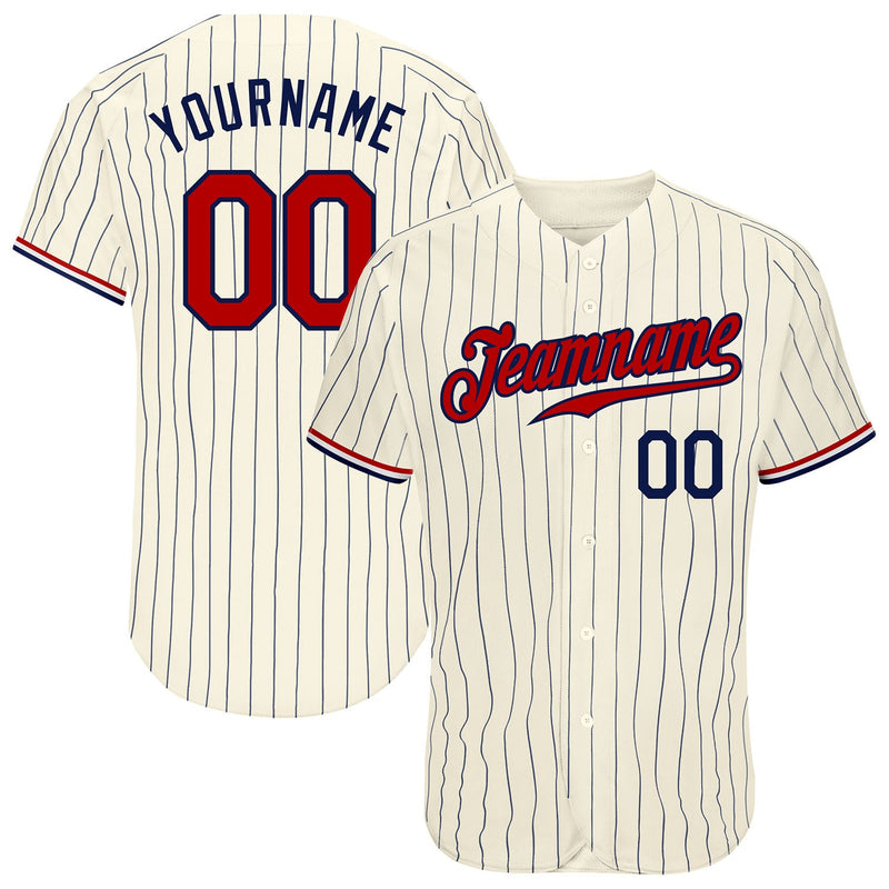 Custom Baseball Jersey - Cream Navy Pinstripe Navy-Red Authentic