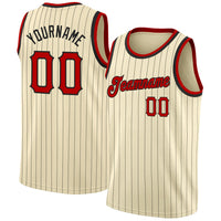 Custom Basketball Jersey - Cream Black Pinstripe Red-Black Authentic