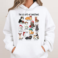 Festive Kitten Illustration Sweatshirt, 12 Cats of Christmas Hoodie, Adorable Cat Lover Holiday Pullover, Humorous Pet Owner Hooded Sweater Present