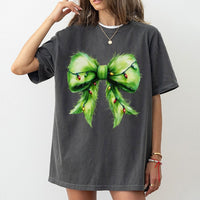 Holiday Lights Tee, Furry Green Bow Christmas Shirt, Adorable Coquette Christmas T-Shirt, Retro Xmas Graphic Tee, Holiday Present for Women