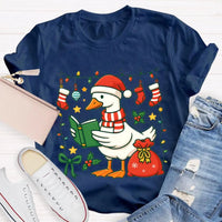 Humorous Holiday Bookworm Goose Shirt, Christmas Goose Reading Book T-Shirt, Adorable Winter Reading Tee, Book Lover Christmas Present T-Shirt