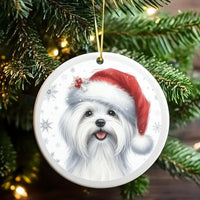 Adorable Santa Hat Puppy Ornament, Maltese Dog Christmas Ornament, Ceramic Holiday Tree Ornament, Round Dog Lover Keepsake, Festive Pet Present