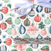Festive Holiday Ornament Gift Wrap, Watercolor Christmas Wrapping Paper, Pine Botanical Xmas Wrapping Paper Roll, Seasonal Present Wrap