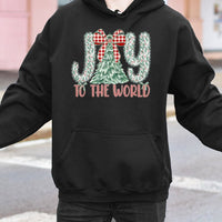 Christmas Tree Plaid Bow Hooded Sweatshirt, Joy to the World Hoodie, Christian Holiday Pullover, Festive Xmas Hoodie, Winter Holiday Present