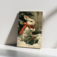Winter Bunny Red Bow Holly Canvas Print, Vintage Christmas Rabbit Canvas, Rustic Holiday Bunny Wall Art, Farmhouse Xmas Decor Present