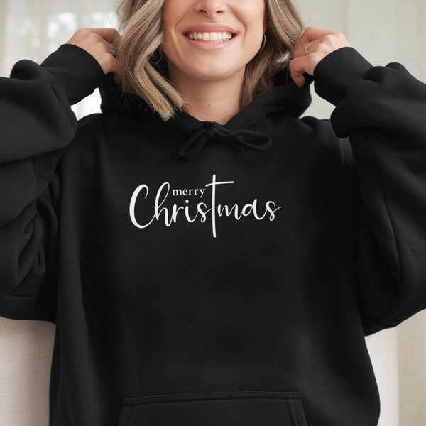 Minimalist Christian Script Hooded Sweatshirt, Merry Christmas Cross Hoodie, Religious Holiday Pullover, Faith Xmas Sweater, 