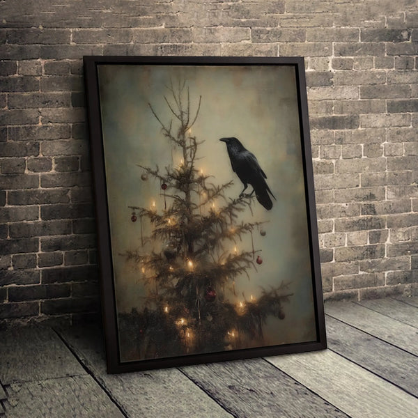 Moody Raven Canvas Print, Gothic Crow Christmas Tree Printable Art, Dark Academia Holiday Wall Art, Crow Digital Download, Mo