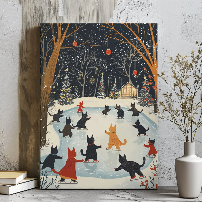 Winter Wonderland Cat Art Print, Cats Ice Skating Canvas Wall Art, Whimsical Holiday Canvas Art, Christmas Wall Decor, Digital Download
