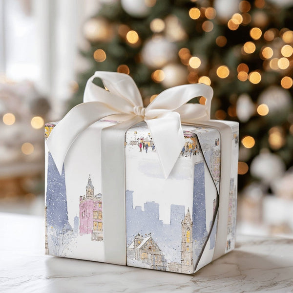 Snowy Skyline Watercolor Gift Wrap, Chicago Christmas Market Wrapping Paper, Festive Holiday Cityscape Present Wrap, Winter G