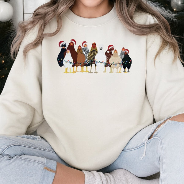 Festive Farm Animal Holiday Lights Graphic Crewneck, Christmas Chicken Sweatshirt, Adorable Winter Pullover, Chicken Lover Pr