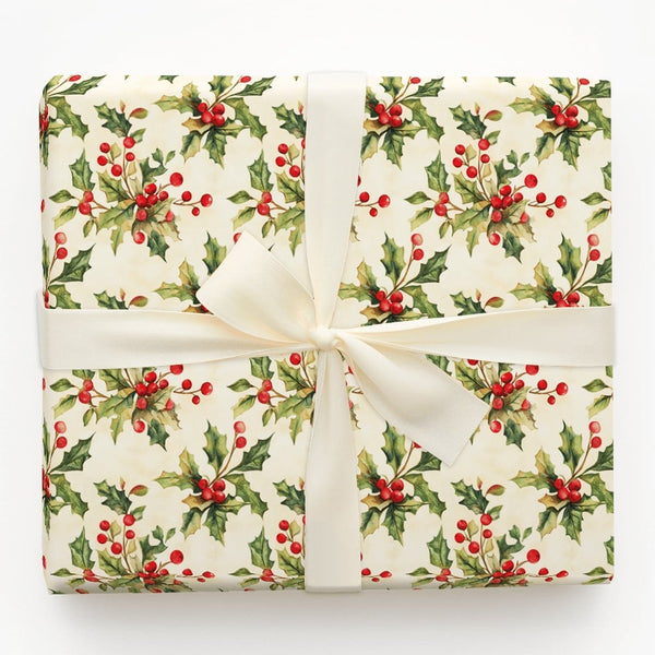 Watercolor Holly Gift Wrap, Vintage Holly Berry Wrapping Paper, Botanical Christmas Wrapping Paper, Festive Holiday Gift Wrap